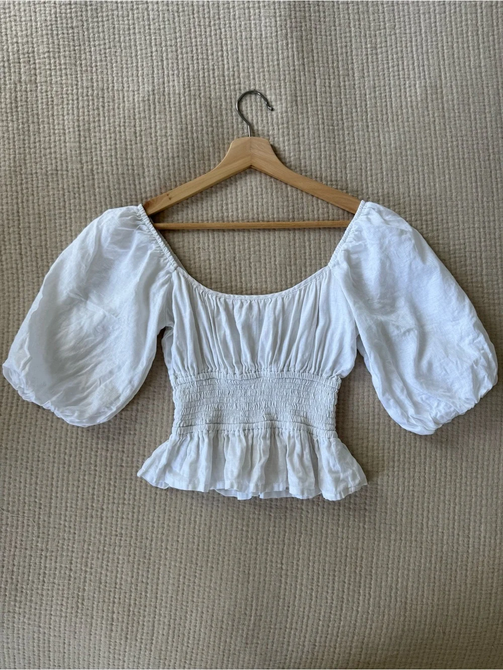 Faithfull the Brand White Smocked Puff Sleeve Linen Blouse